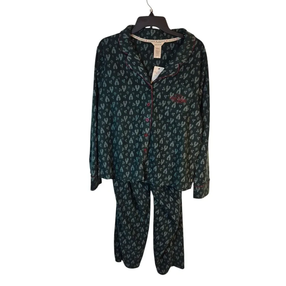 Lucky Brand Women's Wishbone Fleece Pajama Set Size 2X Green Button-Up